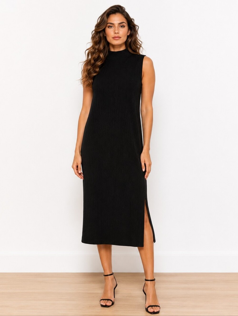Eileen Fisher Black Plisse Rib Knit Mock Neck Sleeveless Dress NWT